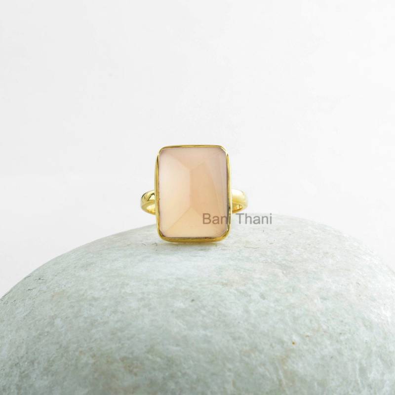 Rosa Chalcedon 12 X 15 Mm Pyramide Mikron Vergoldet 925 Sterling Silber Solitär Ring Schmuck #1214 von BaniThani