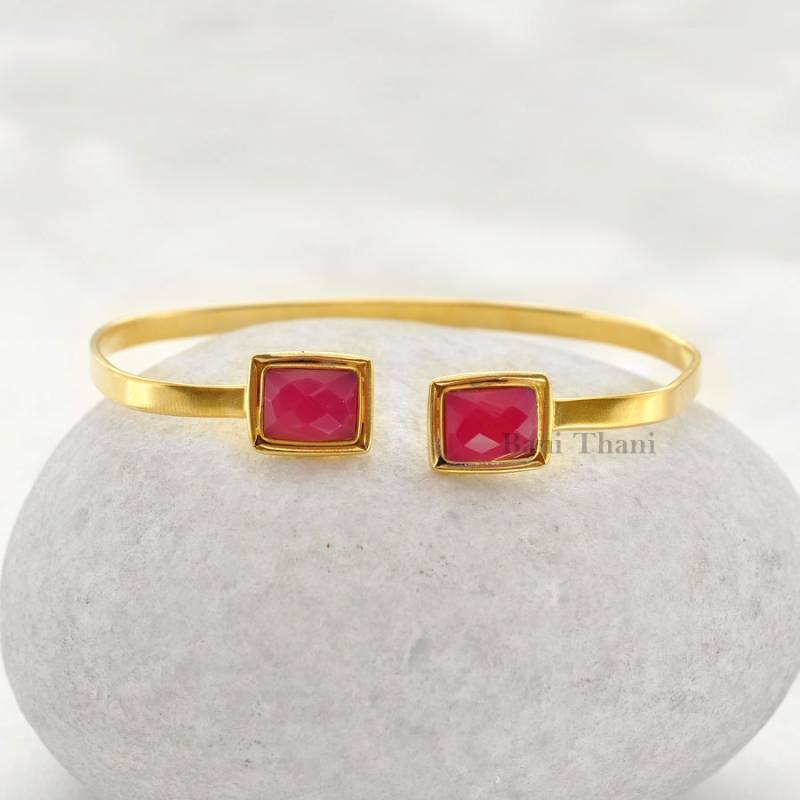Rosa Chalcedon 7 X 9 Mm Rechteck Edelstein Manschette Armband-Braut Geschenk Armreif-Micron Vergoldeter Sterling Silber Armreif-Halloween von BaniThani