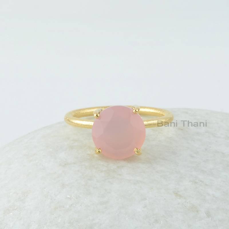 Rosa Chalcedon-Ring - 10 Mm Runder Edelstein-Ring Krappen-Set-Ring Vergoldeter Ring 925 Sterling Silber Für Frauen von BaniThani