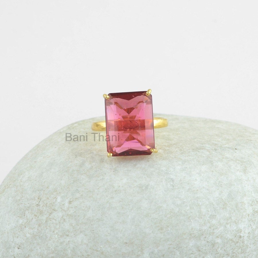 Rosa Turmalin Ring, Silberring, Prong Vergoldeter 925 Silber Rechteck 12 X 16 Mm Edelstein Weihnachtsgeschenk Ring von BaniThani