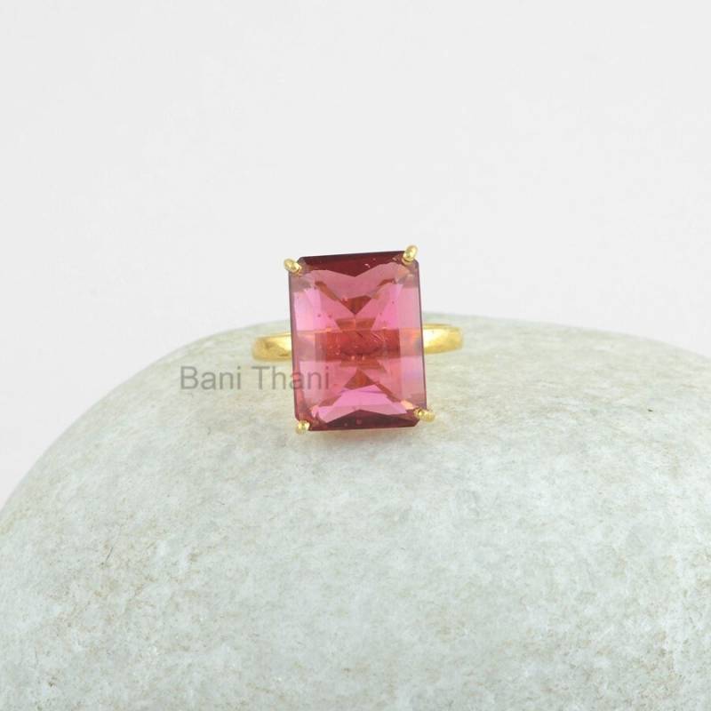 Rosa Turmalin Ring, Silberring, Prong Vergoldeter 925 Silber Rechteck 12 X 16 Mm Edelstein Weihnachtsgeschenk Ring von BaniThani