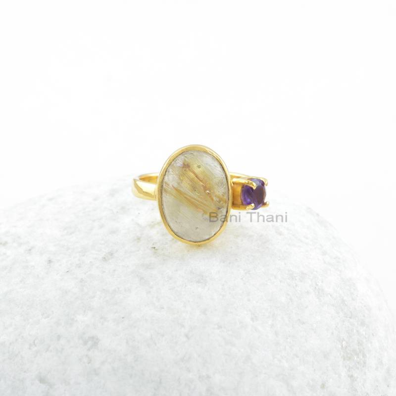 Rutilquarz, Amethyst Silber Edelstein Ring - Geschenk Für Mutter Nichte Schmuck Frauen Vergoldeter Sterling von BaniThani
