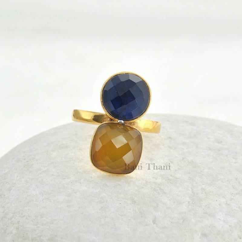 Saphir Quarz Und Gelber Chalcedon Mikron Vergoldeter 925 Sterling Silber Lünette Ring, Mehrfarbiger Multi Edelsteinring Für Frauen von BaniThani