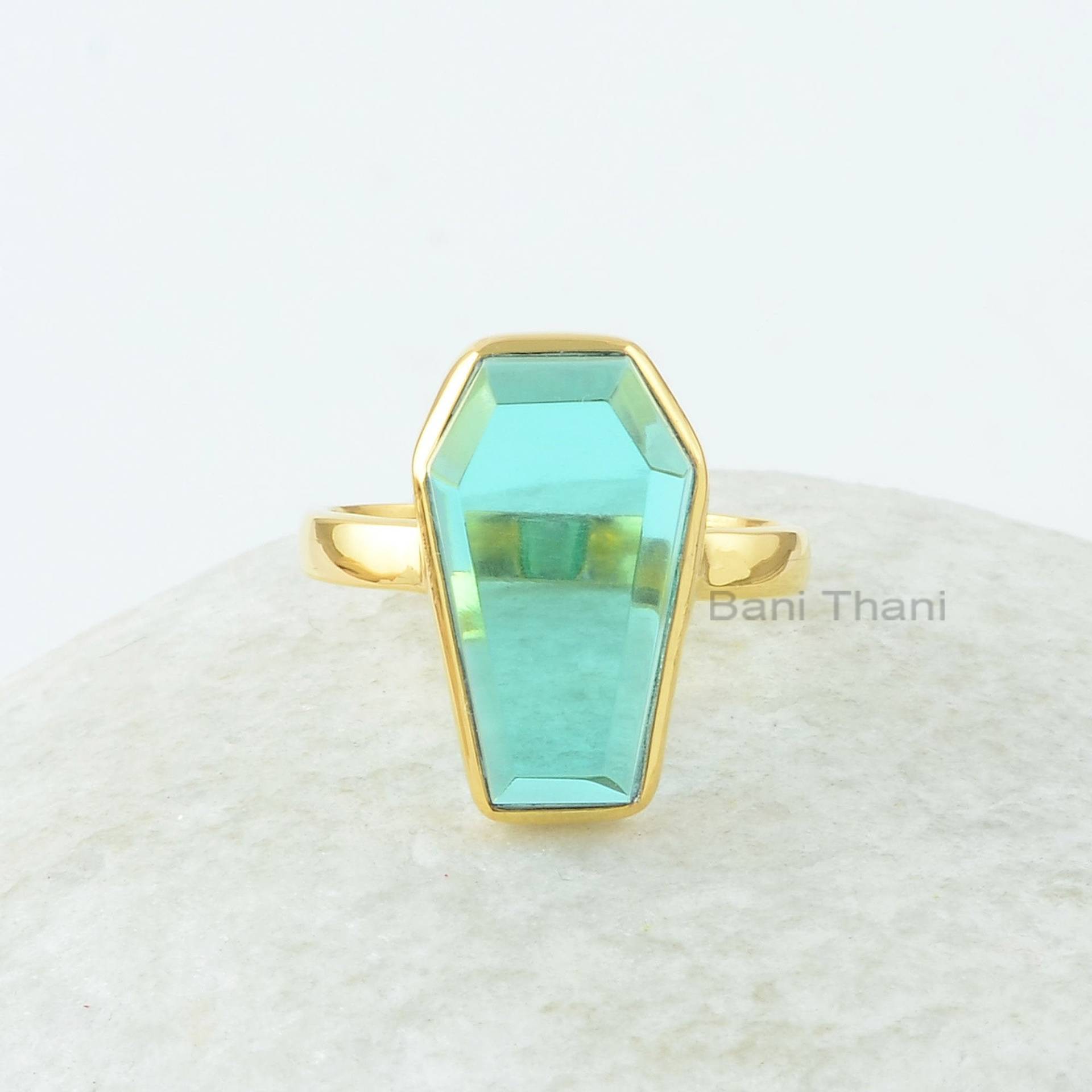 Sarg Ring, Petrol Quarz 10 X 17 Mm Form Edelstein Silber 18K Vergoldet Lünette Ring Für Frauen von BaniThani