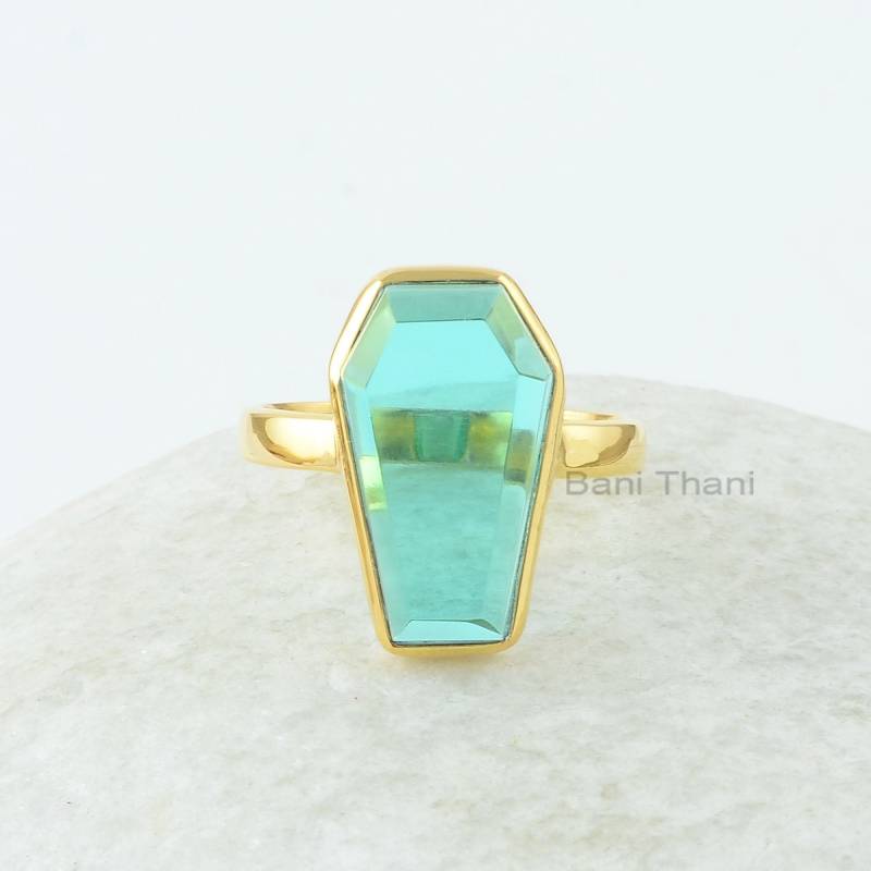 Sarg Ring, Petrol Quarz 10 X 17 Mm Form Edelstein Silber 18K Vergoldet Lünette Ring Für Frauen von BaniThani