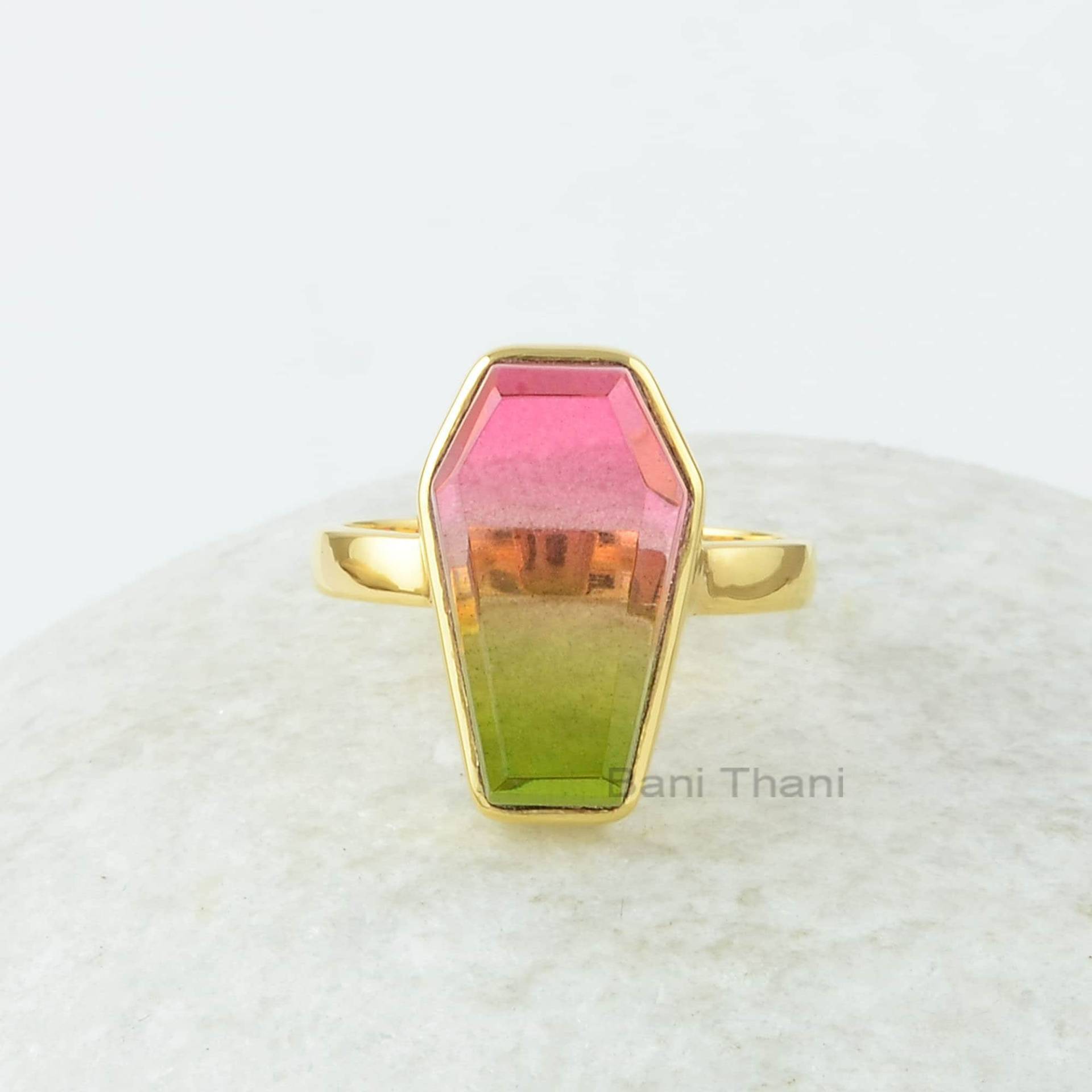 Sarg Ring - Bi-Color Turmalinquarz 10 X 17 Mm Form Edelstein Silber 18K Vergoldeter 925 Für Frauen von BaniThani
