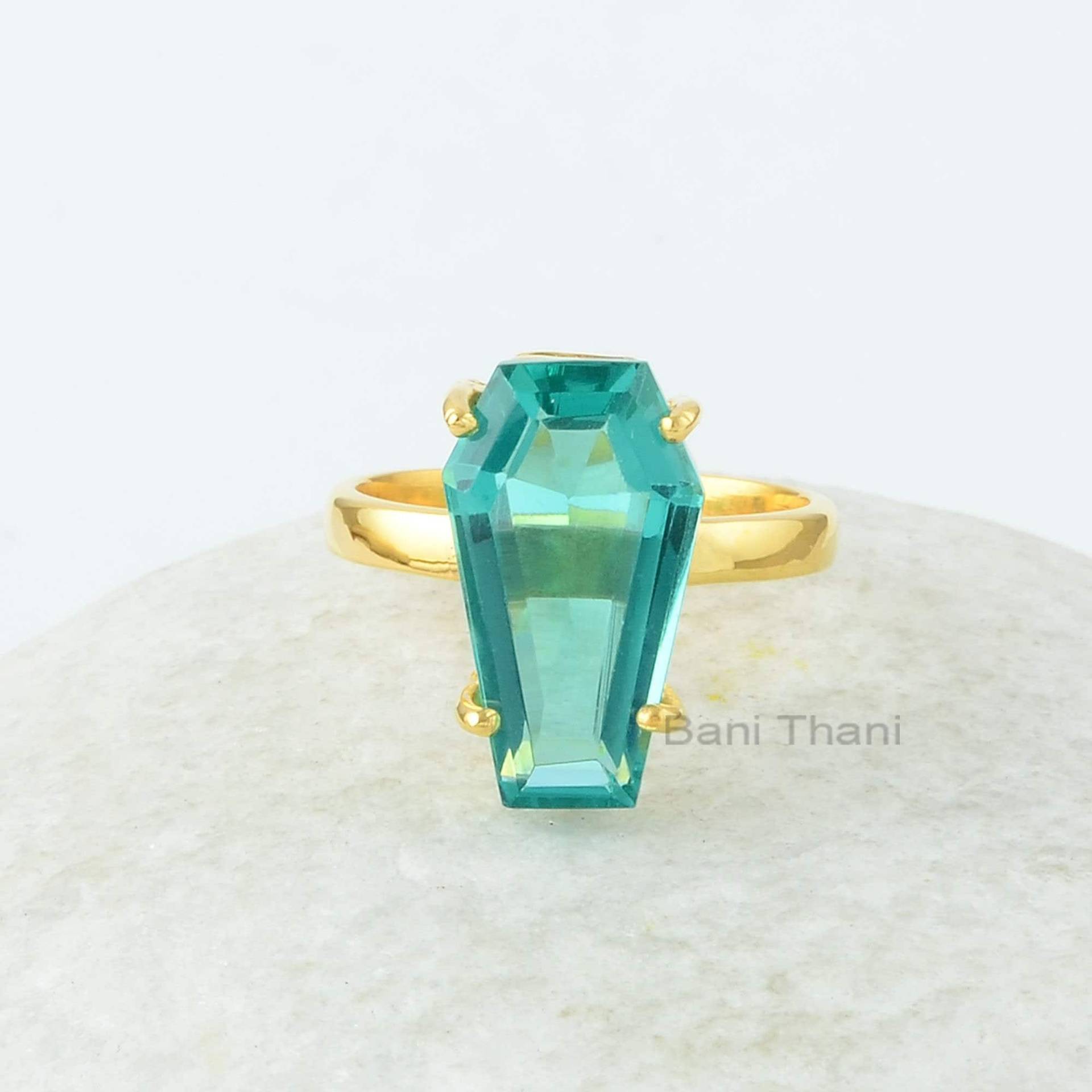 Sarg Ring - Türkis Quarz 10 X 17 Mm Form Edelstein Vergoldet Prong Set 925 Silber Schmuck Für Damen von BaniThani