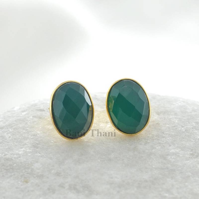 Schöne Grün Onyx 7 X 10 Mm Oval Edelstein Ohrstecker-Vergoldete 925 Sterling Silber Ohrringe-Jubiläumsgeschenk Für Sie-Zarte Ohrringe von BaniThani