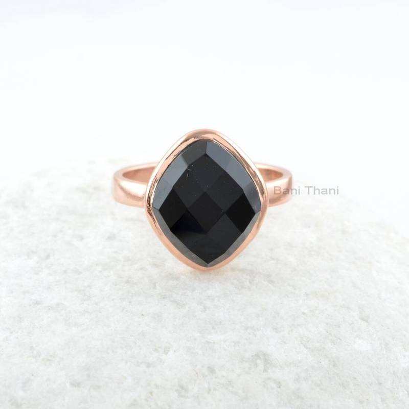 Schwarzer Onyx Ring - 12 X 14 Mm Rhombus Edelstein Sterling Silber Rosévergoldeter Ringe Für Frauen Verlobung Geschenk Sie von BaniThani