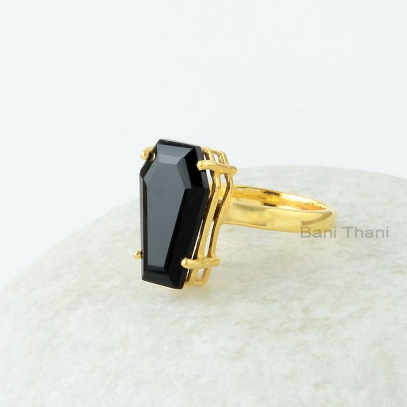 Schwarzer Onyx Ring - 925 Sterling Silber 10x17mm Sargring Vergoldet Handgemachter Geburtsstein Schmuck von BaniThani