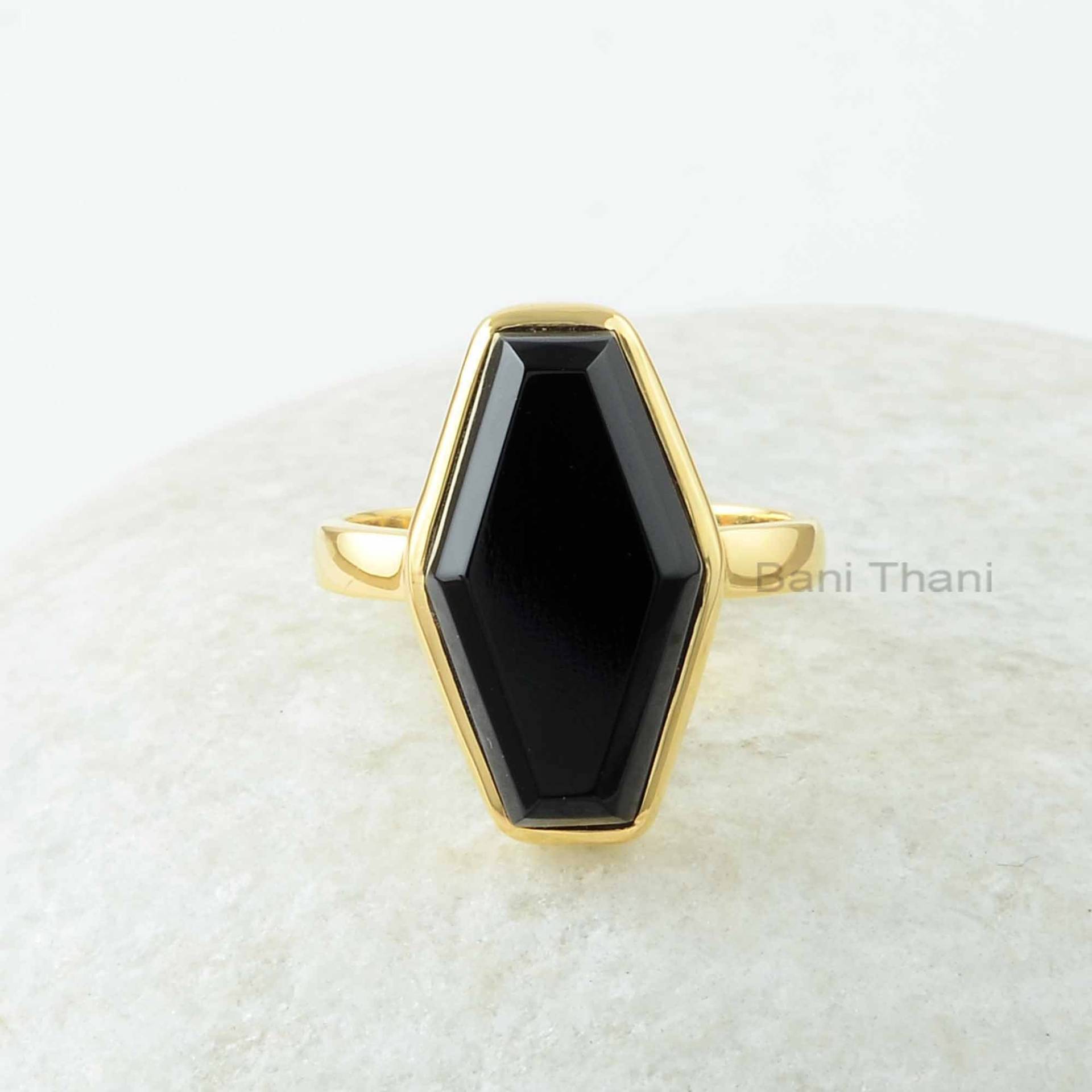Schwarzer Onyx Ring - Vergoldeter 10 X 18 Mm Sechseck 925 Sterling Silber Schmuck Für Junge Schwester Geschenk Frauen von BaniThani