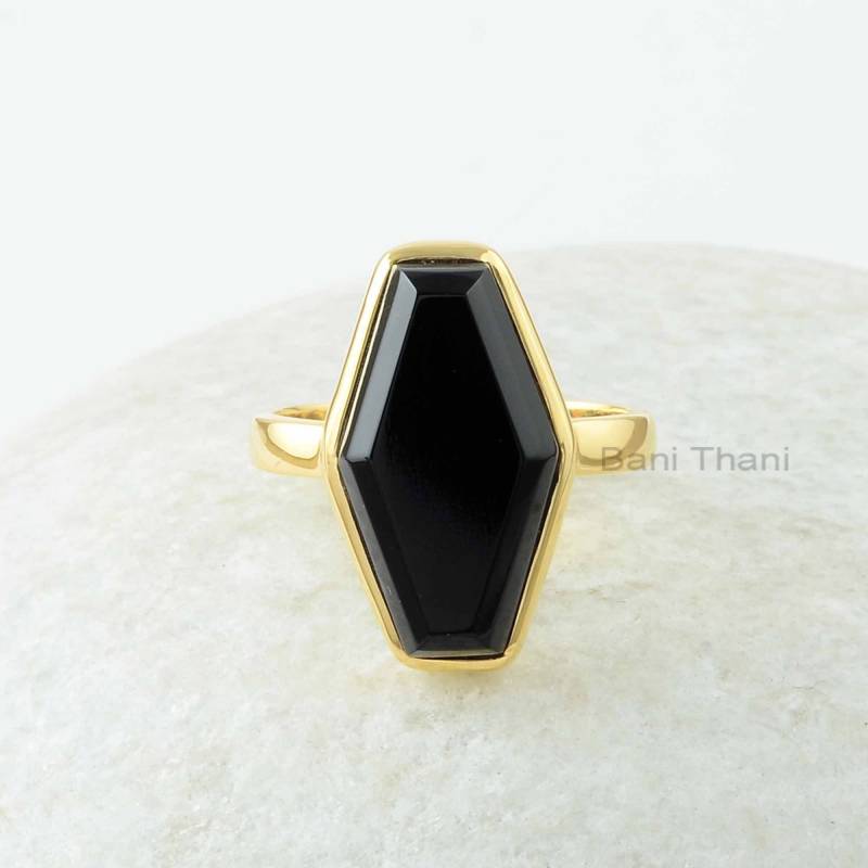 Schwarzer Onyx Ring - Vergoldeter 10 X 18 Mm Sechseck 925 Sterling Silber Schmuck Für Junge Schwester Geschenk Frauen von BaniThani