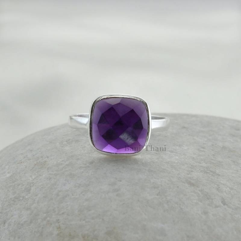 Silber Ring-Amethyst Quarz Kissen 10mm Ring-925 Ring-Lünette Ring-Edelstein Ring # 1107 von BaniThani