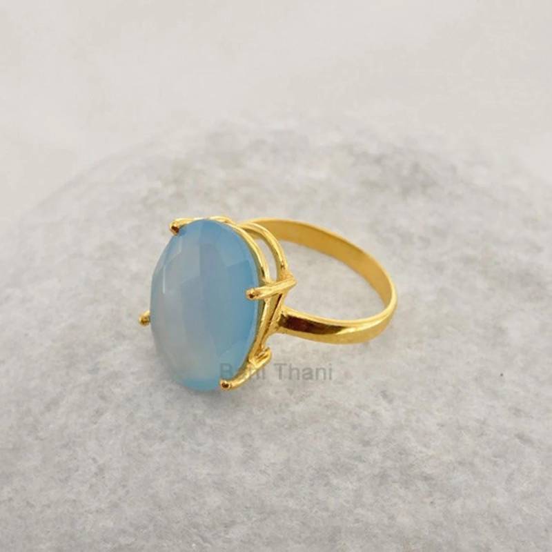 Sky Blue Chalcedon Oval - Handgemachte Zinke Ring Micron Gold Plated 925 Sterling Silber Schmuck 13x18mm # 1067 von BaniThani