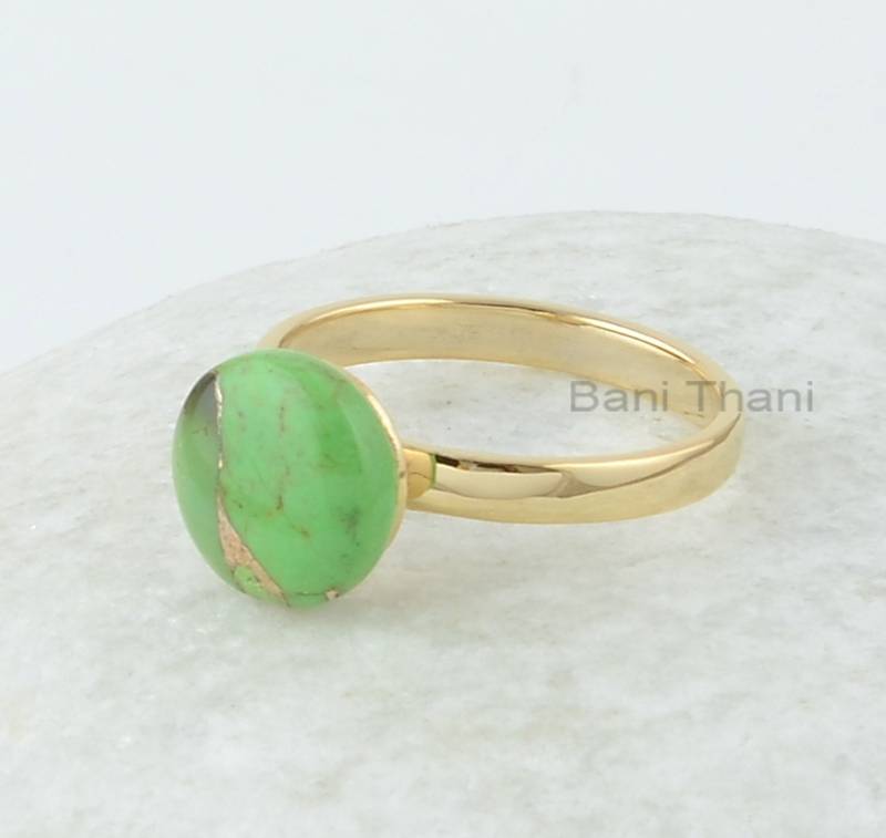 Türkis Ring - 10 Mm Rund Edelstein Kupfer Vergoldeter Sterling Silber Für Frauen Hochzeitsgeschenk von BaniThani