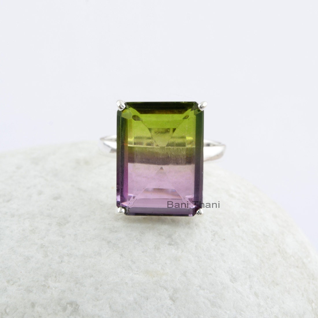 Turmalin Bi Doublette 12 X 16 Mm Rechteck Sterling Silber Prong Set Ring, Handgemachter Edelstein Ring von BaniThani