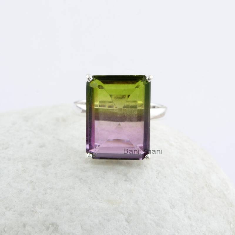 Turmalin Bi Doublette 12 X 16 Mm Rechteck Sterling Silber Prong Set Ring, Handgemachter Edelstein Ring von BaniThani