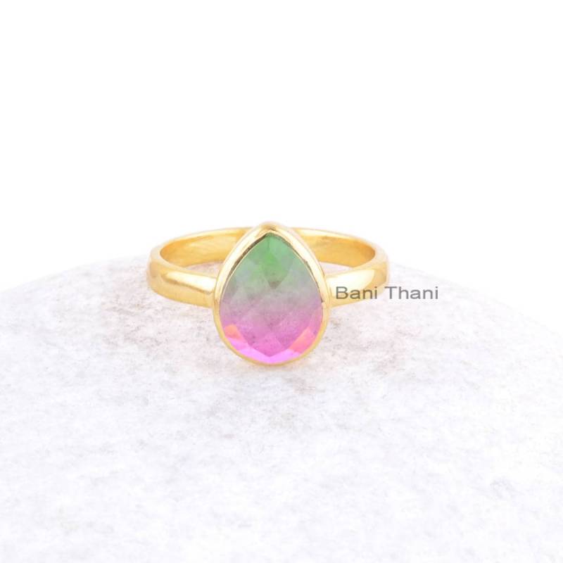 Turmalin Ring-Turmalin Bio Doublette Quarz Ring-925 Sterling Silber Ring-Birne Geschnitten Ring-Facettierte Birne 8 X 10 Mm Edelstein-Ring-Geschenk von BaniThani