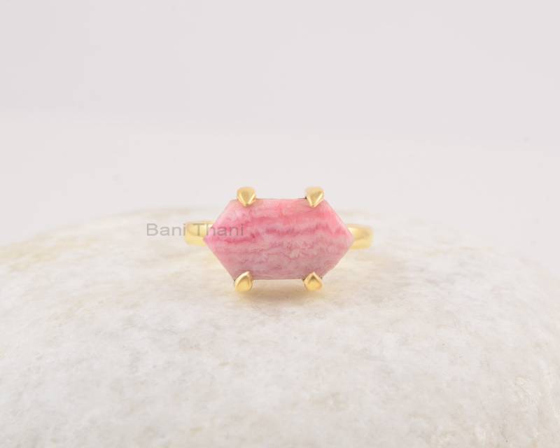 Versprechen Ring - Rhodochrosit Edelstein Sechseck 925Er Massiv Silber Vergoldeter Hochzeitsgeschenk Schmuck Für Frauen von BaniThani