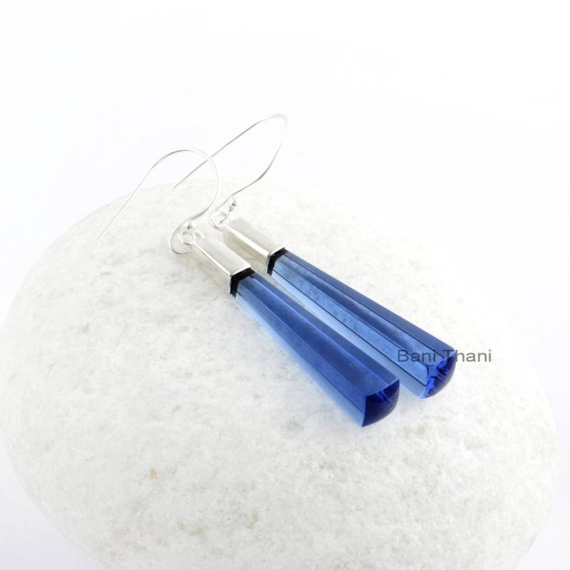 sterling Silber Ohrring, Tansanit Quarz, 6x40mm Fancy Drops Und Baumeln Edelsteinschmuck, Hochzeitsschmuck, Geschenk Für Jubiläum von BaniThani