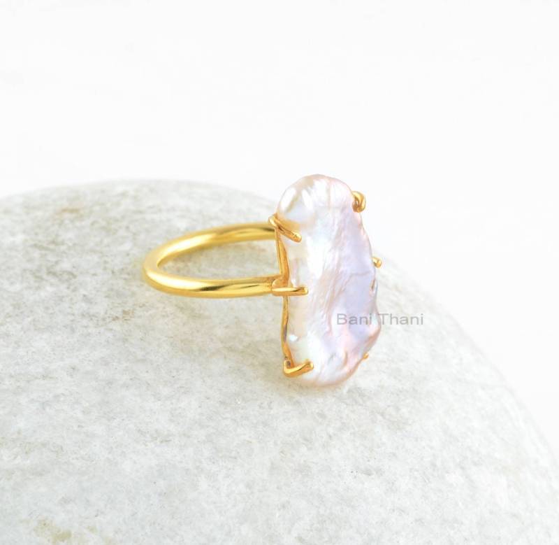 sterling Silber Ring-Perle Scheibe 17 X 11 Mm Mit 18K Vergoldet Ring-Verlobung Geschenk-Edelstein Ring-Geschenk Für Frauen von BaniThani