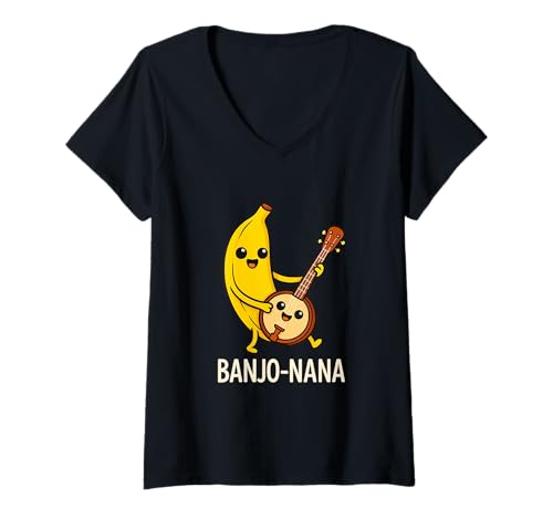 Damen Banjo-Nana Lustiges Wortspiel Cute Banana Banjo Player für Musiker T-Shirt mit V-Ausschnitt Damen Banjo-Nana Lustiges Wortspiel Cute Banana Banjo Player für Musiker T-Shirt mit V-Ausschnitt von Banjo Banana Musical Fruit Pun Funny Gift Tee