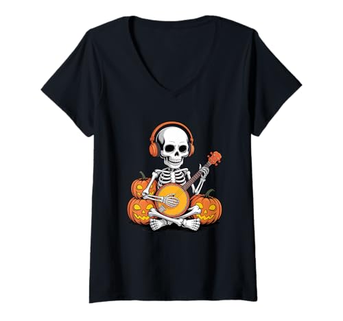 Damen Halloween Skelett Banjo Banjospieler T-Shirt mit V-Ausschnitt von Banjo Instrument Banjoist Gifts