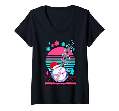Damen Weihnachten Synthwave Banjo Banjospieler T-Shirt mit V-Ausschnitt von Banjo Instrument Banjoist Gifts