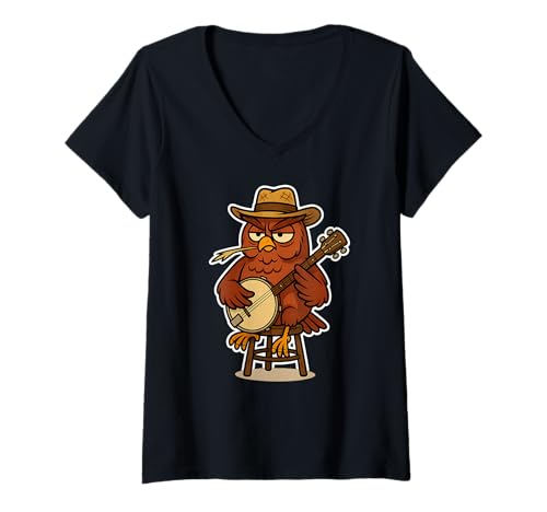 Damen Lustige südliche Redneck Eule mit Banjo T-Shirt mit V-Ausschnitt Damen Lustige südliche Redneck Eule mit Banjo T-Shirt mit V-Ausschnitt von Banjo T -Shirts & Co.
