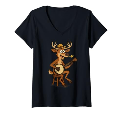Damen Lustiger südlicher Redneck Hirsch mit Banjo T-Shirt mit V-Ausschnitt Damen Lustiger südlicher Redneck Hirsch mit Banjo T-Shirt mit V-Ausschnitt von Banjo T -Shirts & Co.