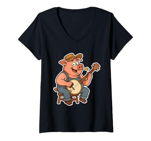Damen Lustiges südliches Redneck Schwein mit Banjo T-Shirt mit V-Ausschnitt Damen Lustiges südliches Redneck Schwein mit Banjo T-Shirt mit V-Ausschnitt von Banjo T -Shirts & Co.