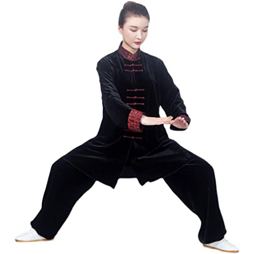 BankiE Soft Wing Chun Tai Chi Anzug Kung Fu Damen Velour Oriental Retro Kampfkunst Uniform Chinesischer Stil Morgenübung Kostüm (Schwarz M 3) von BankiE