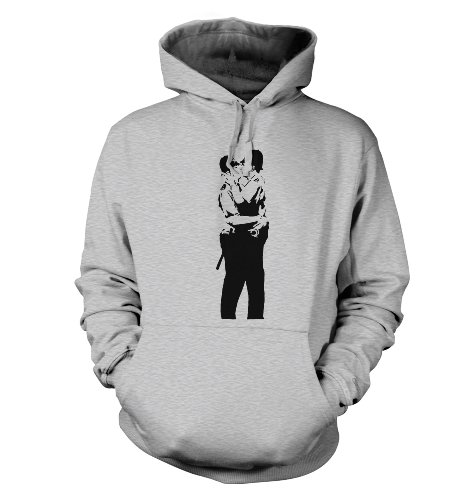 Banksy Kissing Coppers Kapuzenpullover Gr. Medium, grau meliert von Banksy By Big Mouth