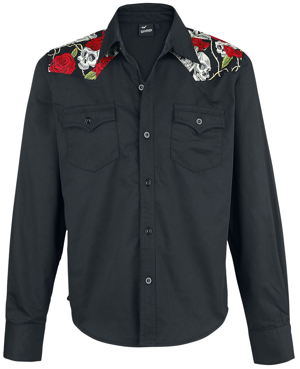 Banned Alternative - Rockabilly Langarmhemd - Skull Rose - S bis 5XL - für Männer - Größe 5XL - schwarz von Banned Alternative