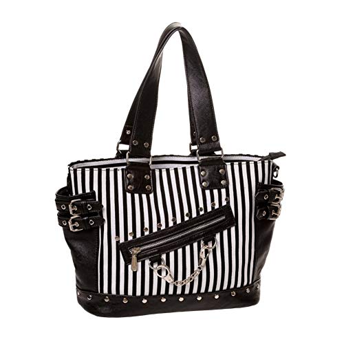 Banned Schwarz Weiß Gestreifte Handtasche mit Handschellen Umhängetasche Vintage Rockabilly Schultertasche Shopper Punk Gotik Handtasche Schwarz Tasche von Banned Alternative