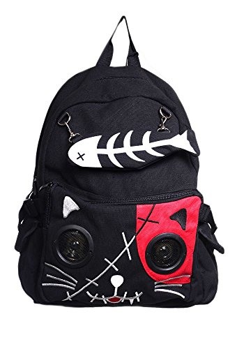 Banned Apparel Kitty Lautsprecher Rucksack Fischgräten Geldbörse 3,5 mm AUX, schwarz/rosa, Einheitsgröße von Banned