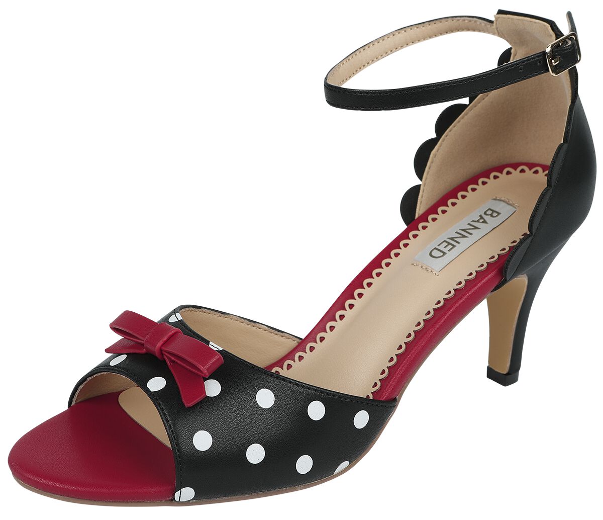 Banned Retro - Rockabilly High Heel - Poppy Polka Open Toe Sandals - EU36 bis EU41 - für Damen - Größe EU38 - schwarz/rot von Banned Retro