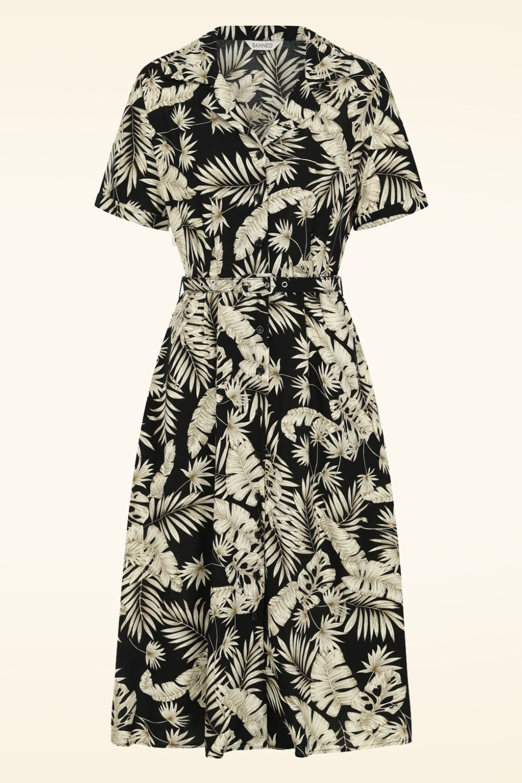 Yvette Palm Leaves Kleid in Schwarz und weichem Gelb. Yvette Palm Leaves Kleid in Schwarz und weichem Gelb. von Banned Retro