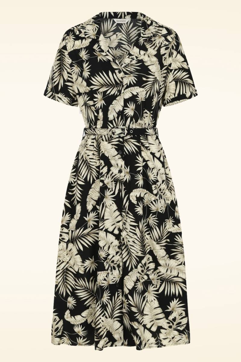 Yvette Palm Leaves Kleid in Schwarz und weichem Gelb. von Banned Retro