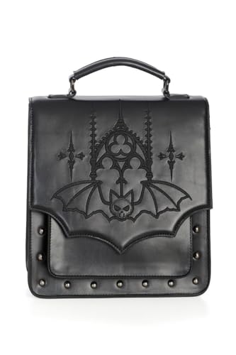 Banned Gothic Bat Rucksack – Umhängetasche aus schwarzem Kunstleder mit Nieten und Klappe von Banned