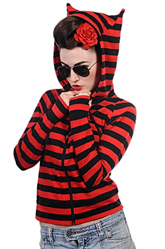 Banned Kapuzenpullover mit Katzenohren Streifenmuster Rei�Verschluss Gothic Emo Grunge s��, rot, XL von Banned