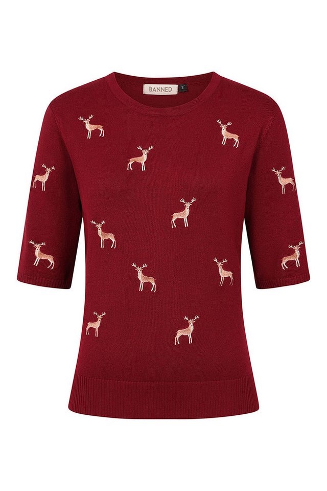 Banned Kurzarmpullover Ruby Sweet Deer Braun Vintage Rockabilly Reh Hirsch von Banned