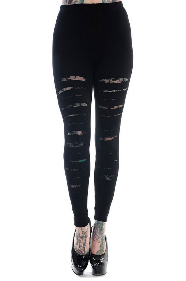 Banned Leggings Black Slashed Gothic Spitze Mesh Netz Distressed von Banned