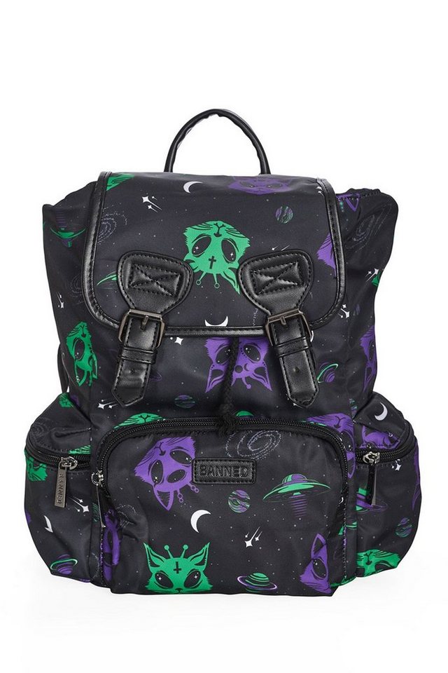 Banned Rucksack Alien Cat, Space Kitty Mini Daypack Katze Lila Grün von Banned