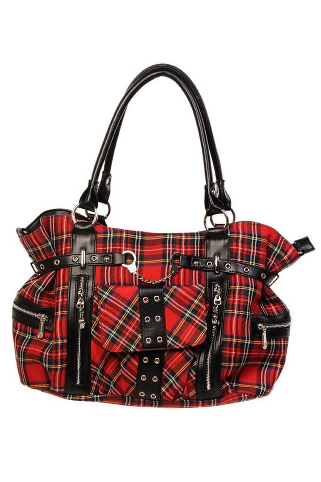 Banned Schultertasche Rise Up Rot Tartan, Henkeltasche Kariert Nieten Handschellen von Banned