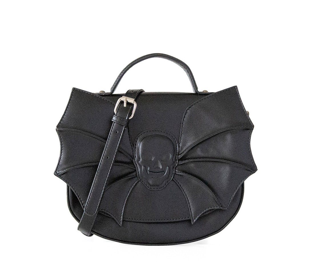 Banned Schultertasche Silent Creature, Gothic Totenkopf Fledermaus Applikation von Banned