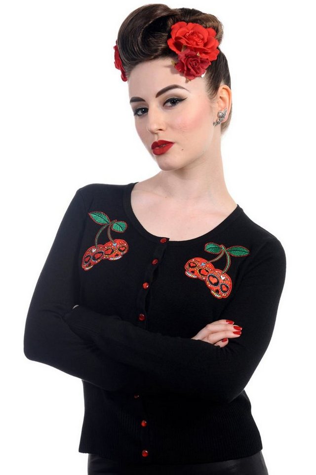 Banned Strickjacke Cherry Skulls Totenkopf Kirsche Cardigan von Banned