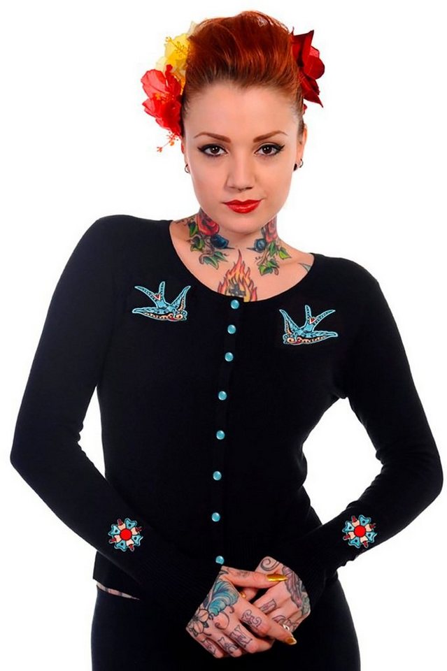 Banned Strickjacke Rockabilly Schwalben Retro Vintage Cardigan von Banned