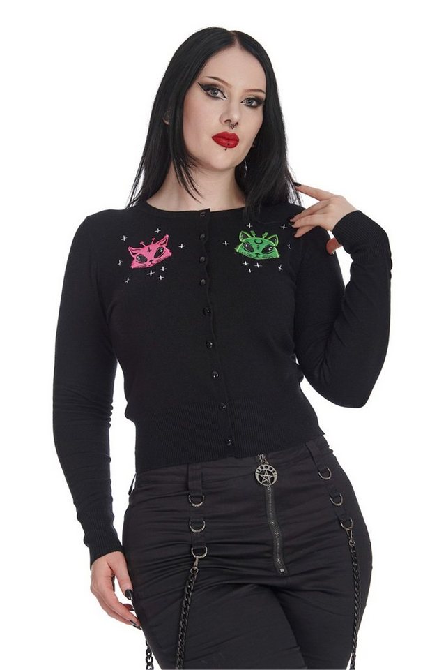 Banned Strickjacke Space Kitty Alien Katze Bestickt Rave Cardigan von Banned