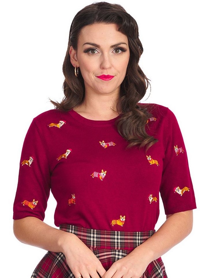 Banned Strickpullover The Queens Corgi Burgunder Vintage Rockabilly Hunde von Banned